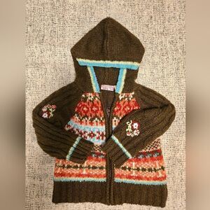 Mudd Brown Knit Floral Jacket with Red and Blue Accents